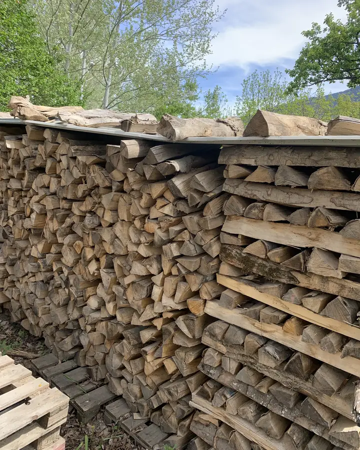 Longues piles de bûches couvertes de tôles
